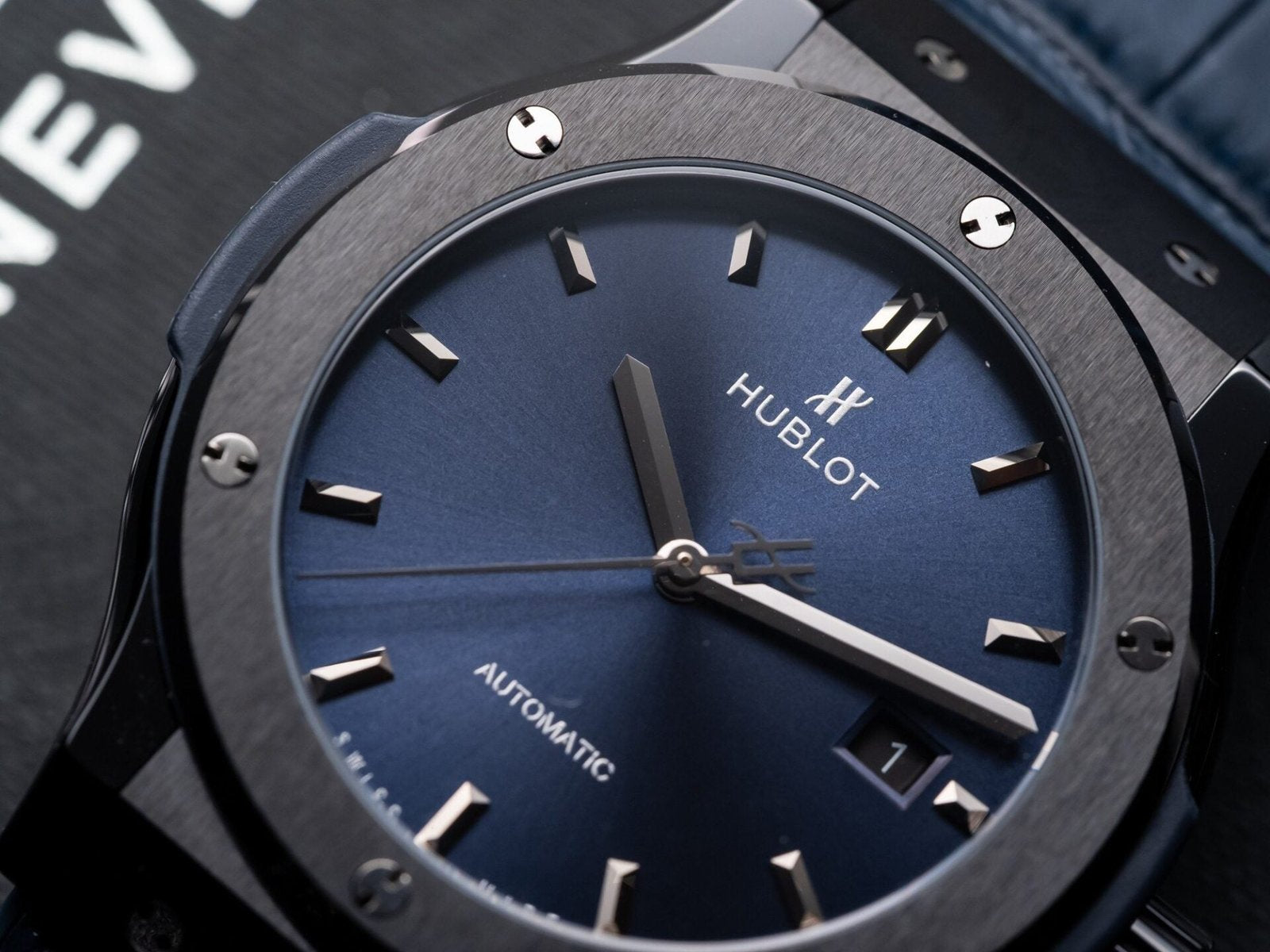 Hublot Classic Fusion Ceramic Blue Dial Watch Leather Strap 42mm