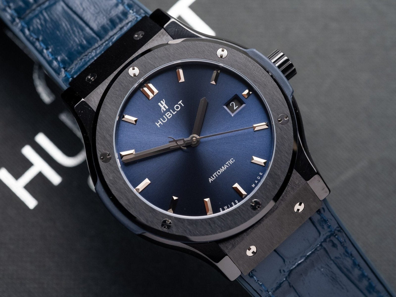 Hublot Classic Fusion Ceramic Blue Dial Watch Leather Strap 42mm