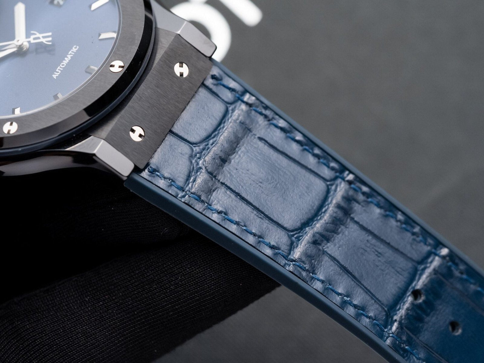 Hublot Classic Fusion Ceramic Blue Dial Watch Leather Strap 42mm