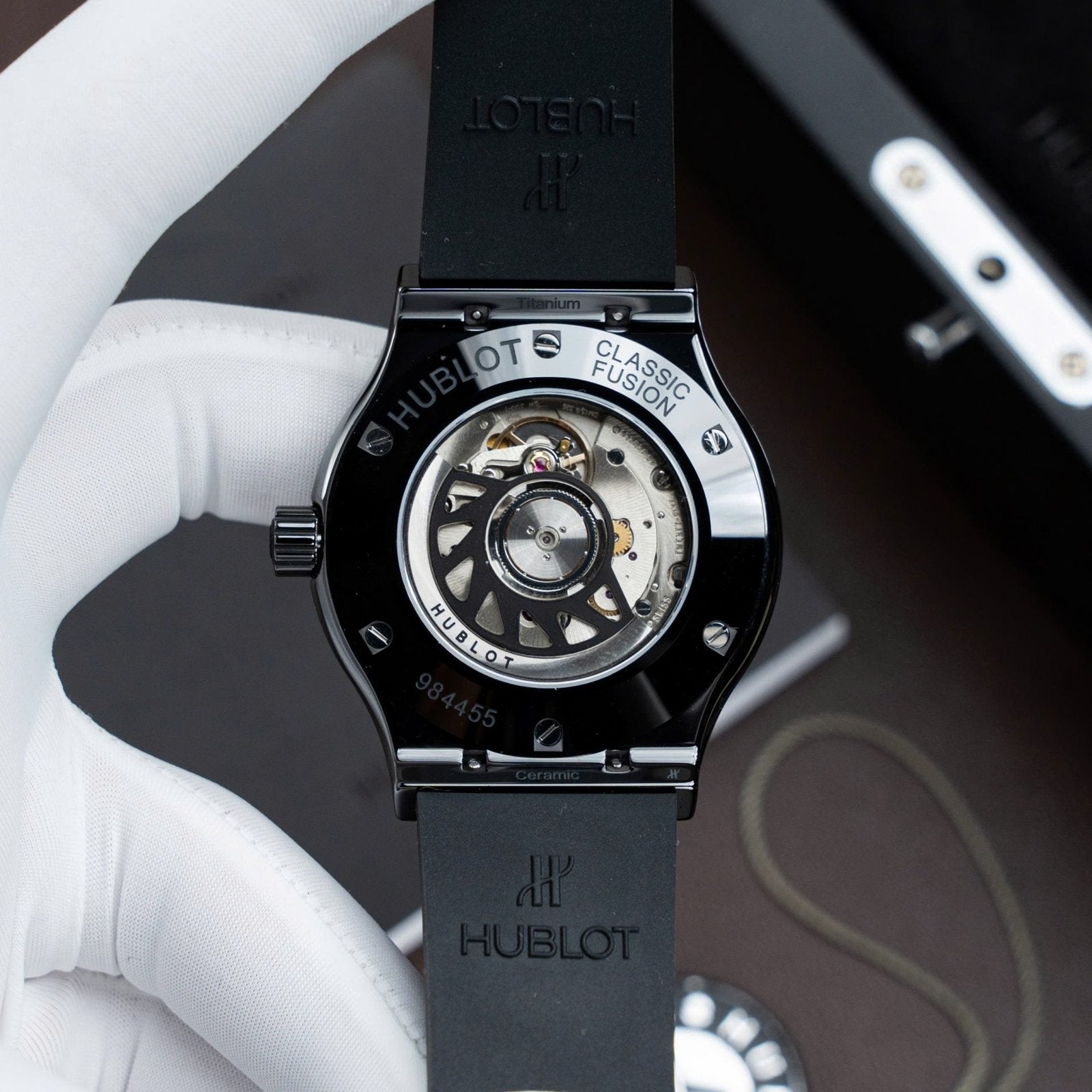 Hublot Classic Fusion Ceramic Watch Carbon Dial Rubber Strap 42mm