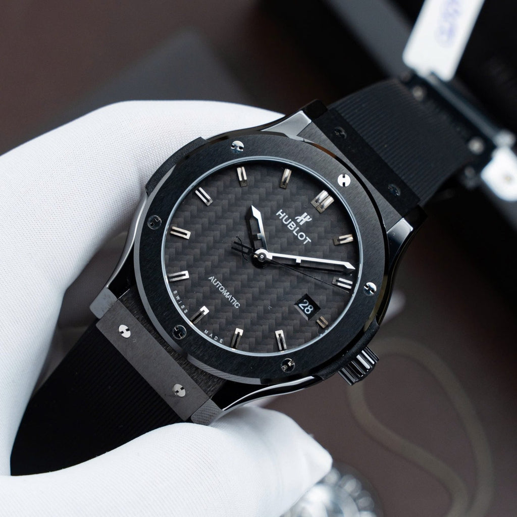 Hublot Classic Fusion Ceramic Watch Carbon Dial Rubber Strap 42mm