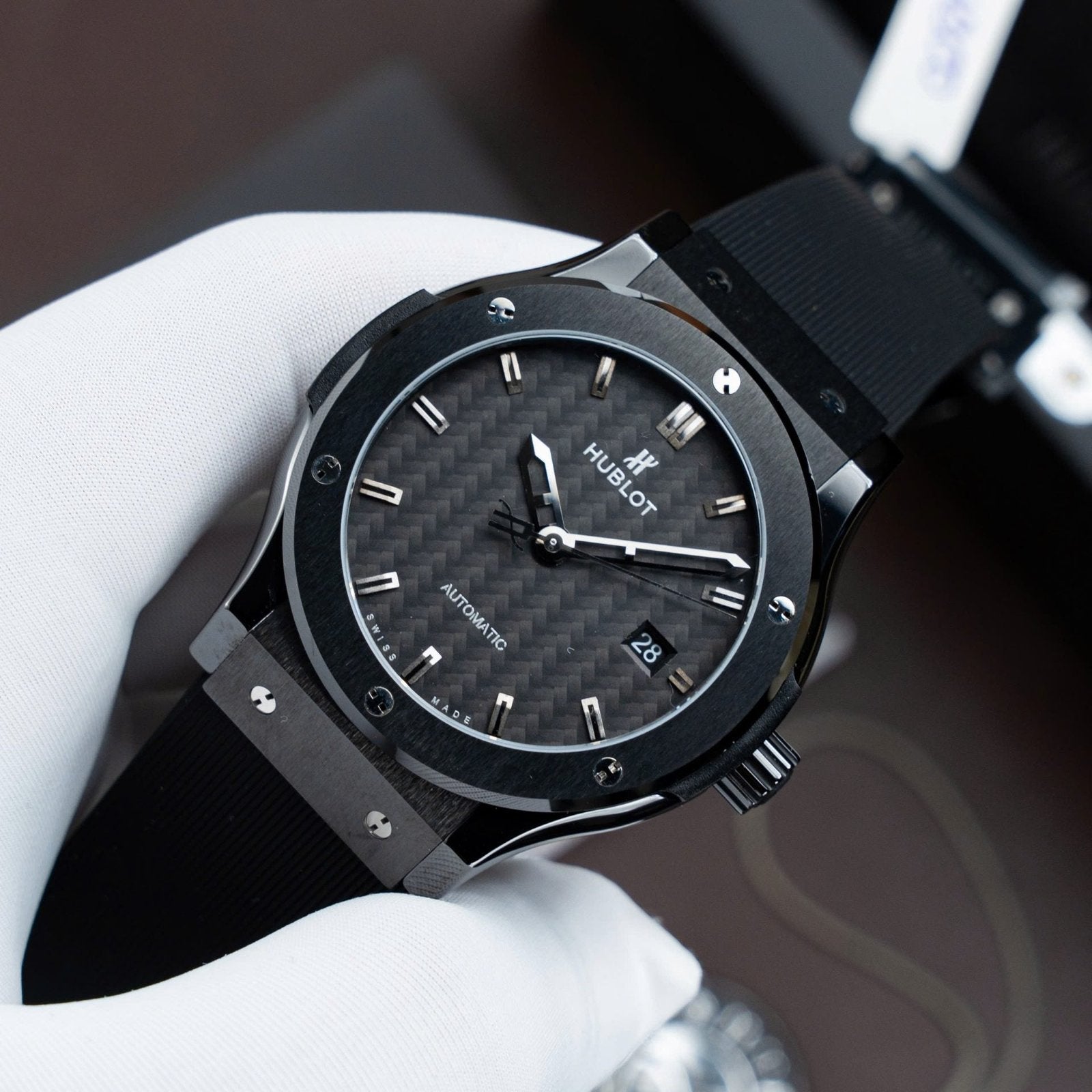 Hublot Classic Fusion Ceramic Watch Carbon Dial Rubber Strap 42mm