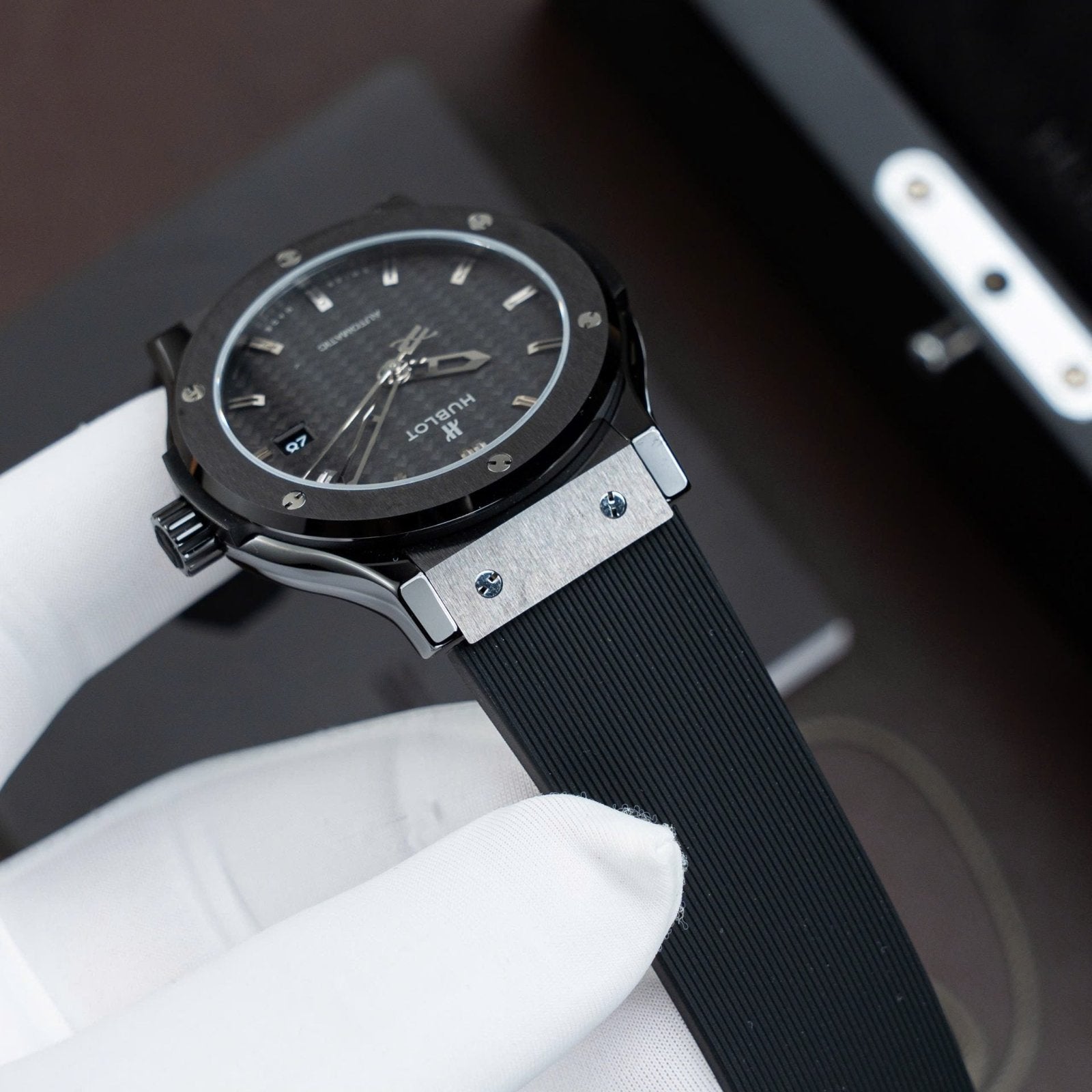 Hublot Classic Fusion Ceramic Watch Carbon Dial Rubber Strap 42mm