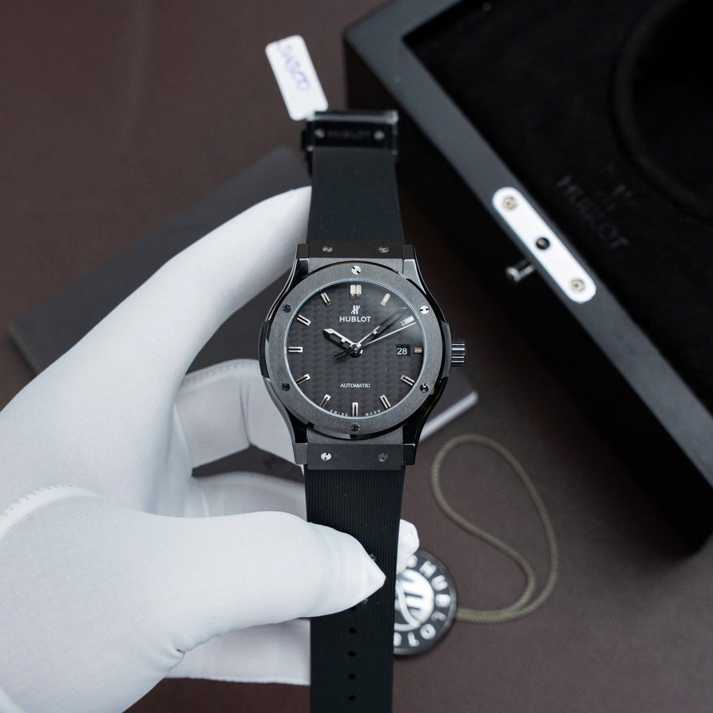 Hublot Classic Fusion Ceramic Watch Carbon Dial Rubber Strap 42mm