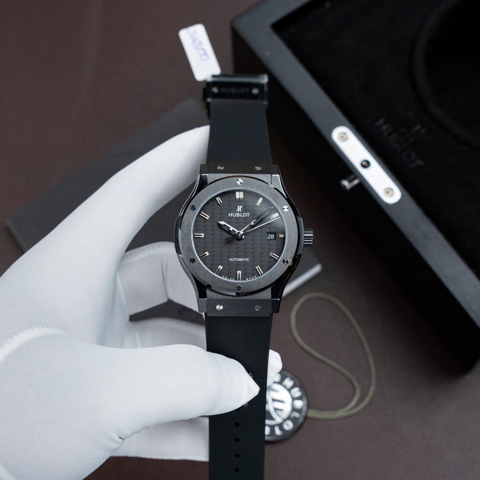 Hublot Classic Fusion Ceramic Watch Carbon Dial Rubber Strap 42mm