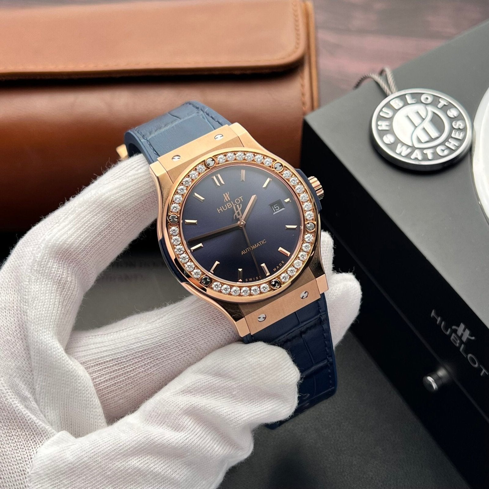 Hublot Watch Classic Fusion King Gold With Moissanite Diamonds Blue 42mm