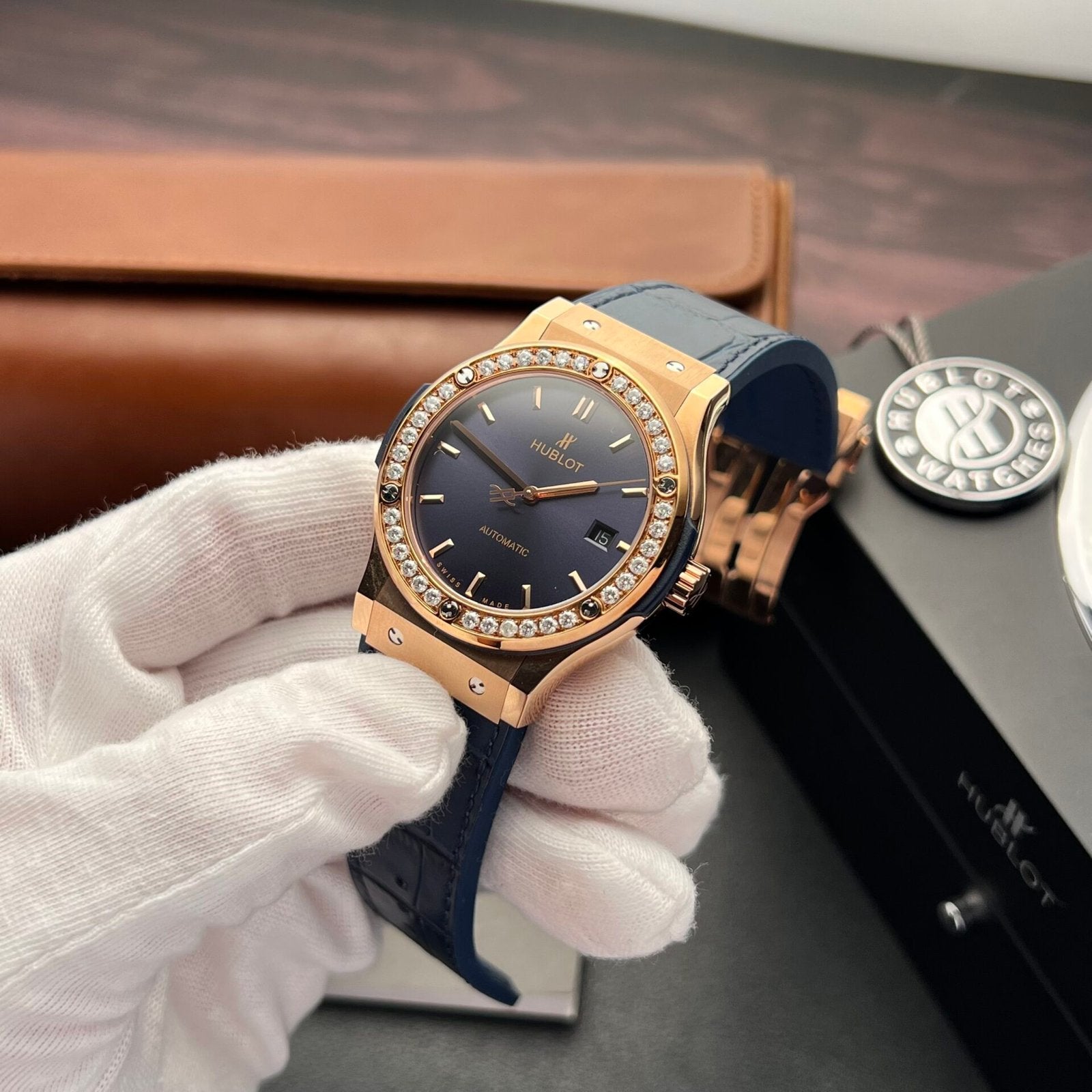 Hublot Watch Classic Fusion King Gold With Moissanite Diamonds Blue 42mm