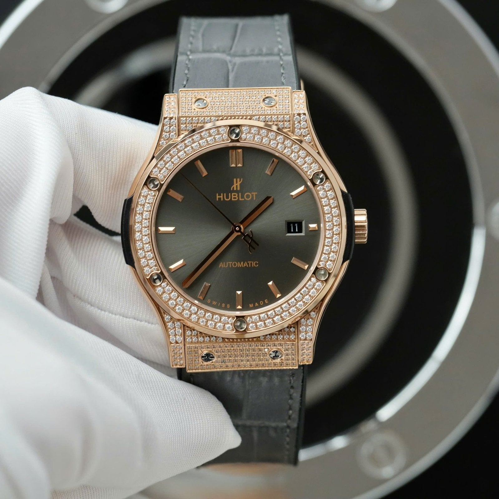 Hublot Classic Fusion King Gold  Watch Gray Dial Diamonds 42mm