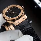 Hublot Classic Fusion King Gold Watch Black Dial Movement SW300 Crocodile Leather Strap 42mm