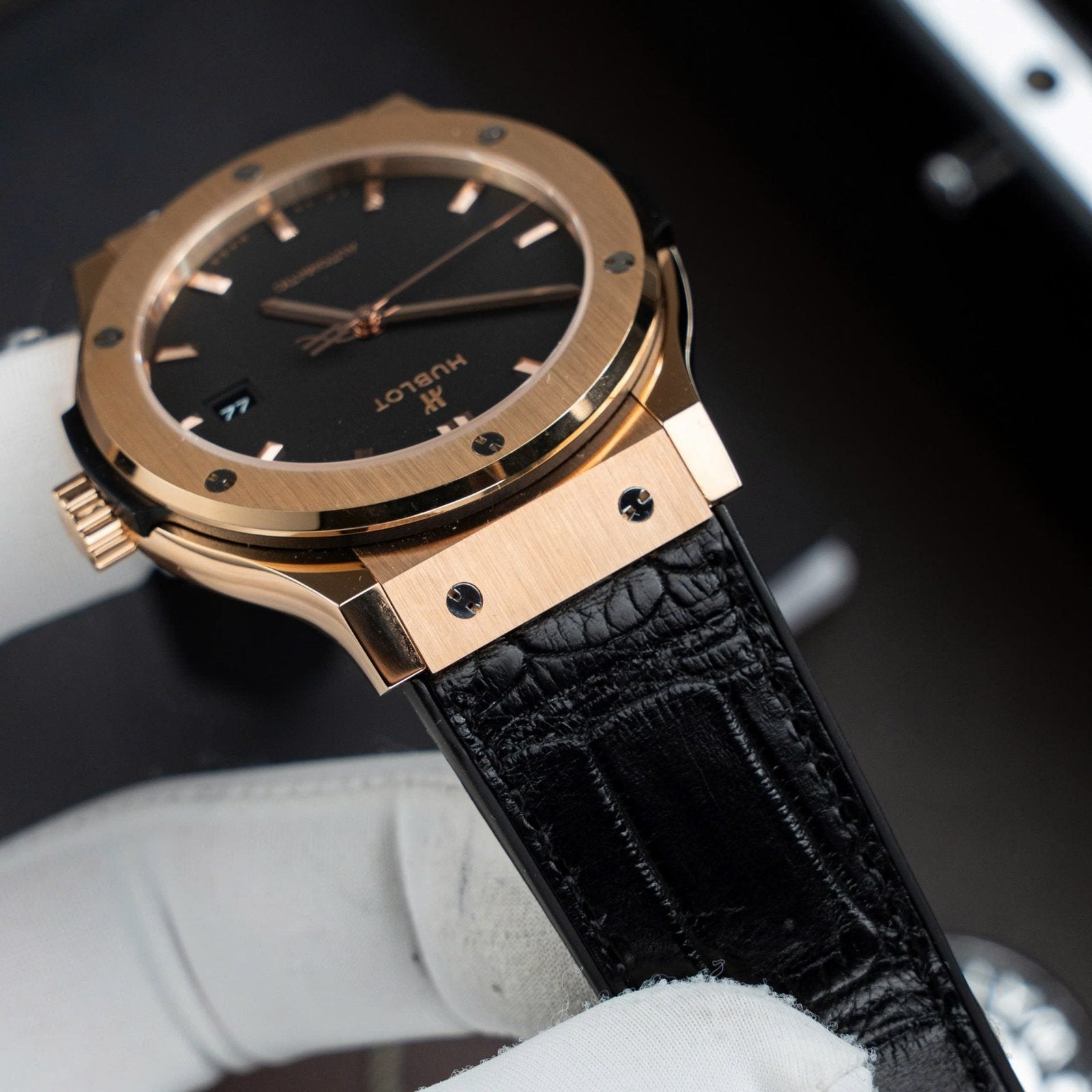 Hublot Classic Fusion King Gold Watch Black Dial Movement SW300 Crocodile Leather Strap 42mm