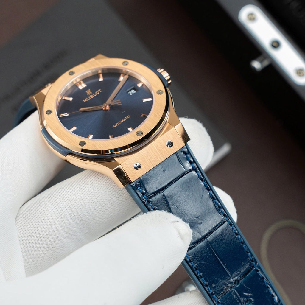 Hublot Classic Fusion King Gold Watch Dial Blue Movement SW300 Crocodile Leather Strap 42mm