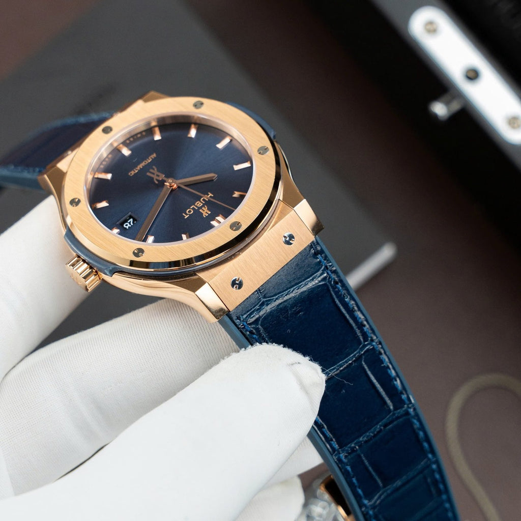 Hublot Classic Fusion King Gold Watch Dial Blue Movement SW300 Crocodile Leather Strap 42mm
