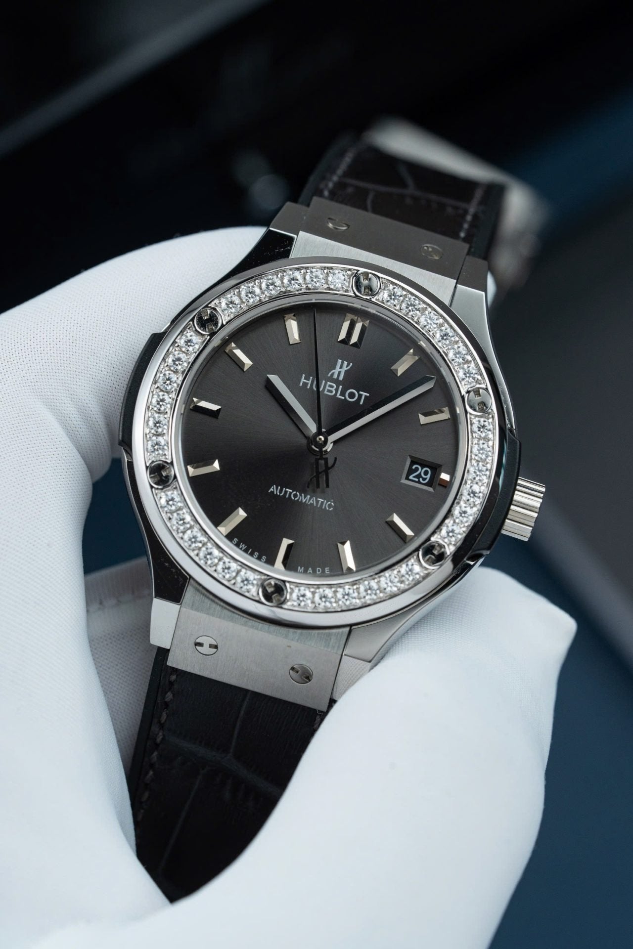 Hublot Classic Fusion Dial Gray Watch Bezel Diamonds Moissanite 38mm