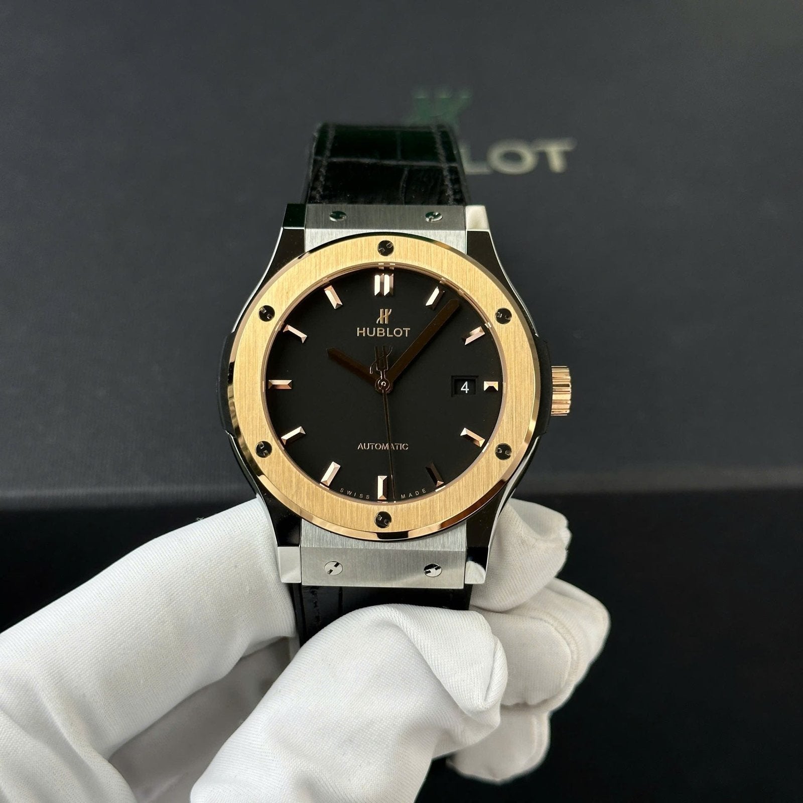Hublot Classic Fusion Watch Black Dial King Gold Bezel 42mm