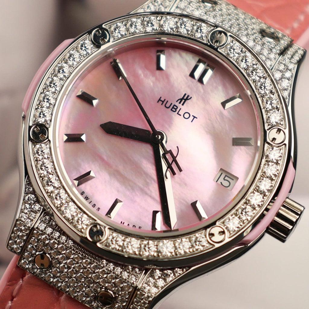 Hublot Classic Fusion Watch Mother Of Pearl Dial + Moissanite Diamonds 33mm