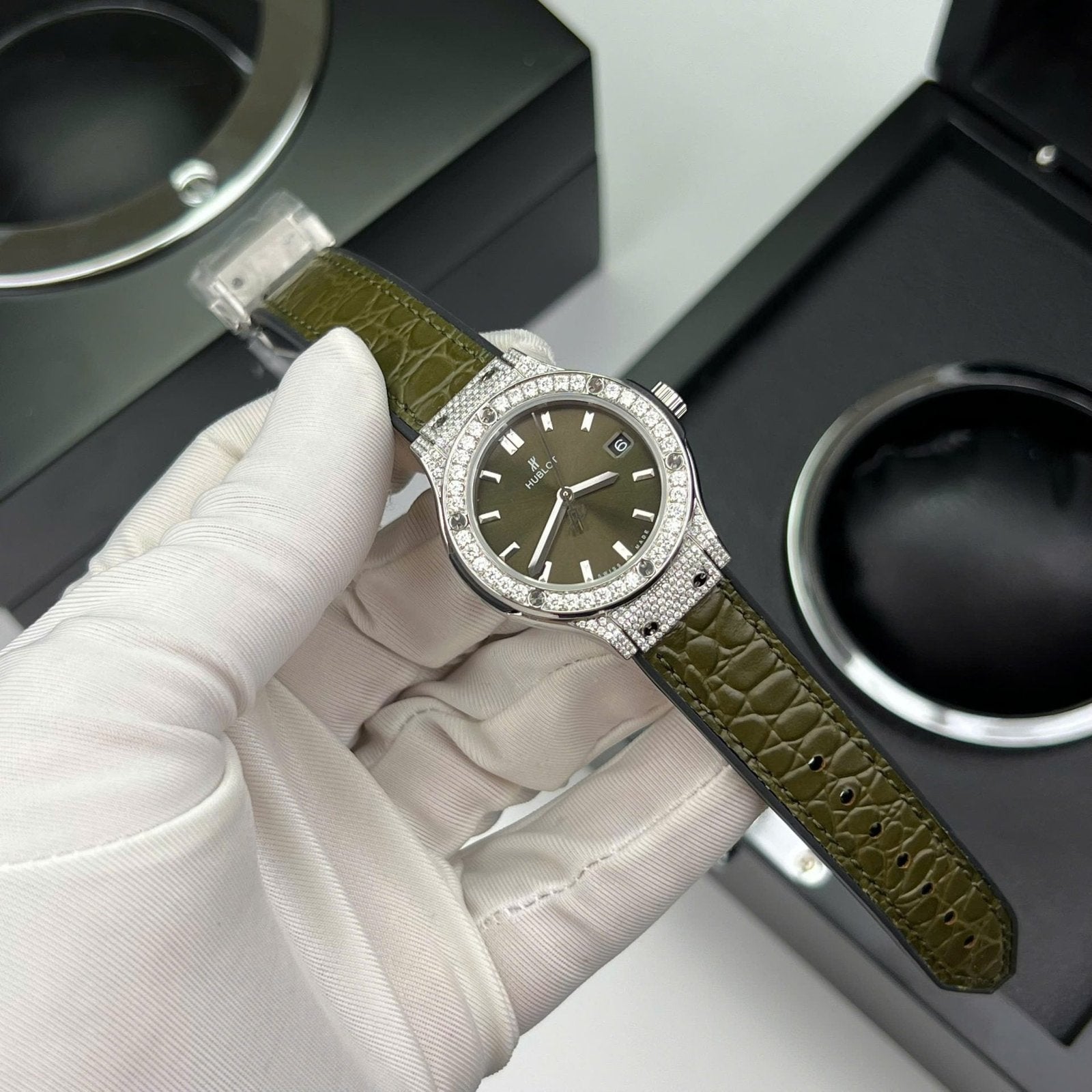 Hublot Classic Fusion Titanium Green  Watch Moissanite Diamonds 33mm