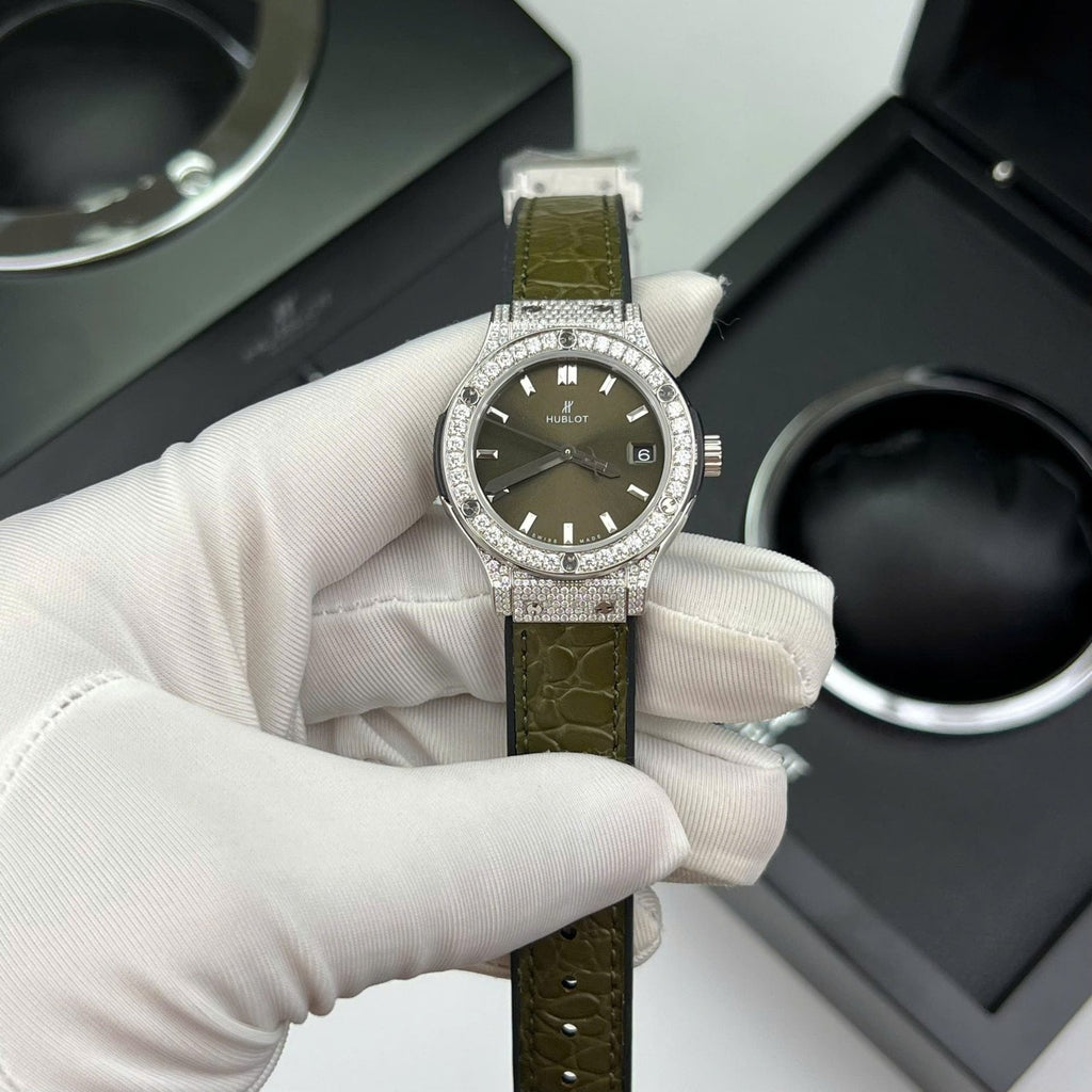 Hublot Classic Fusion Titanium Green  Watch Moissanite Diamonds 33mm