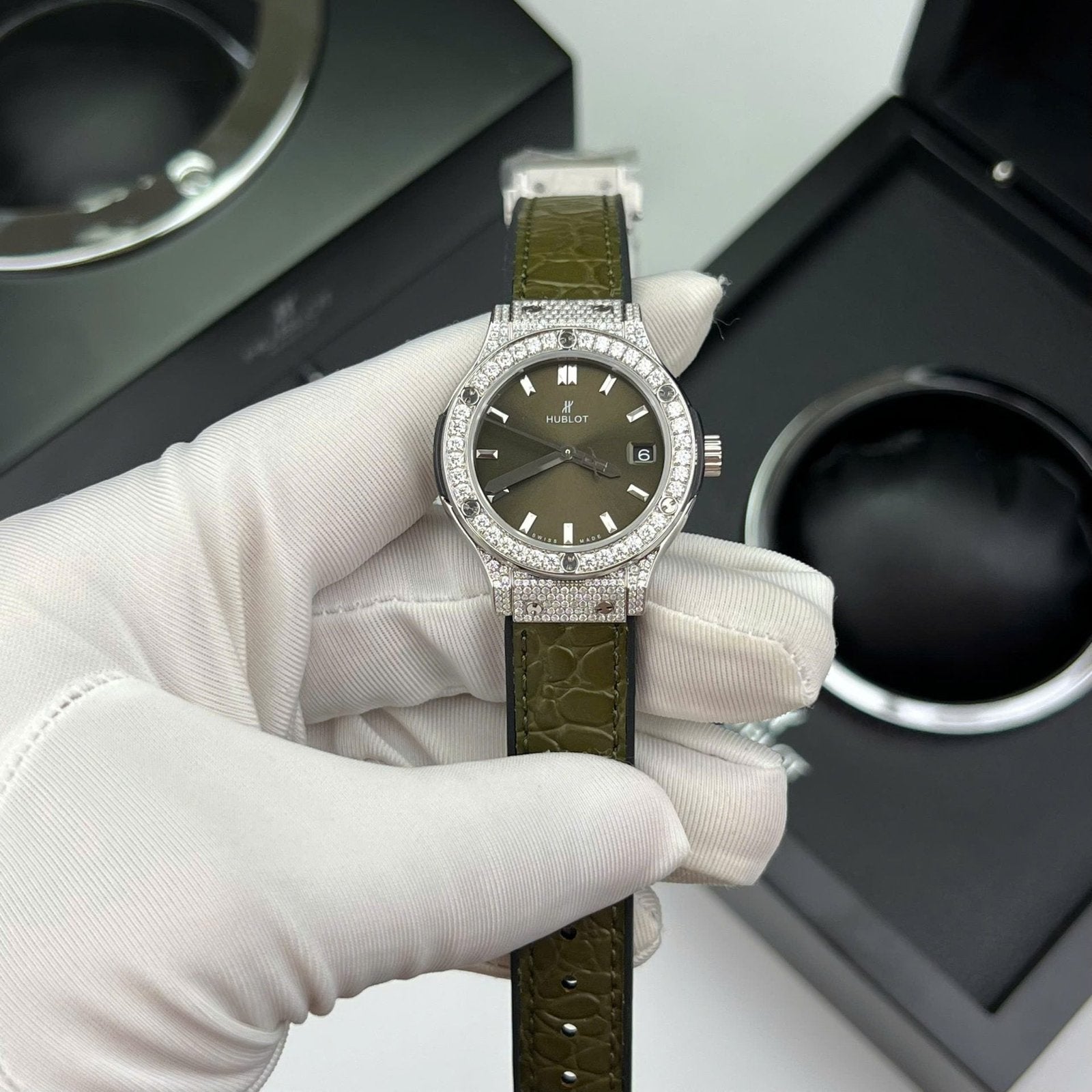 Hublot Classic Fusion Titanium Green  Watch Moissanite Diamonds 33mm