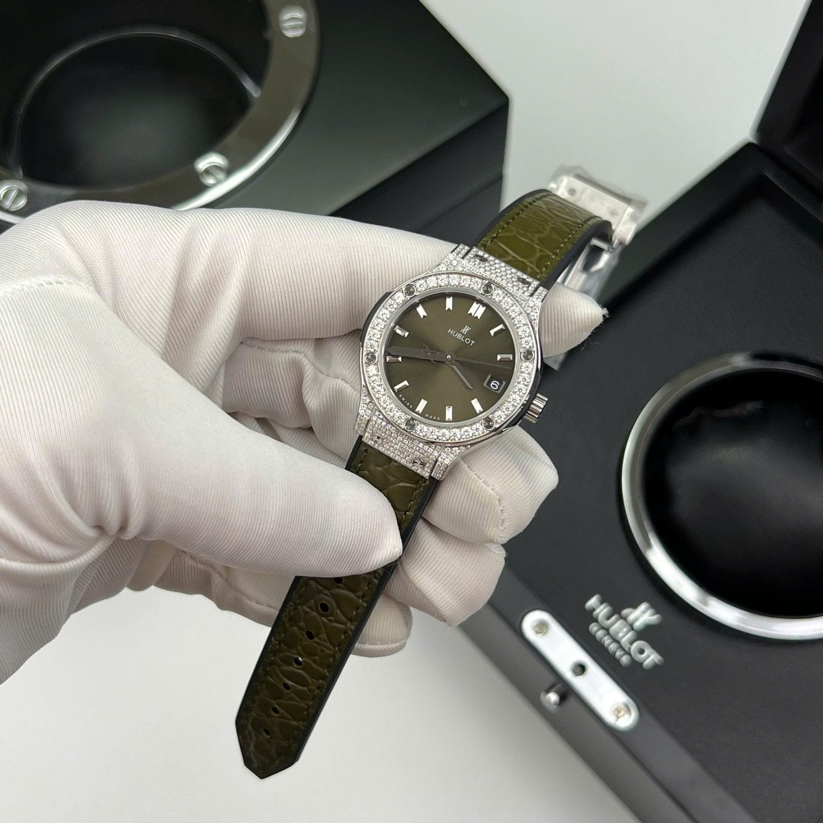 Hublot Classic Fusion Titanium Green  Watch Moissanite Diamonds 33mm