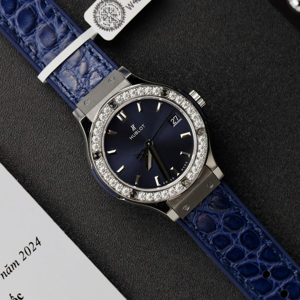 Hublot Classic Fusion Titanium Dial Blue  Watch Moissanite Diamonds 33mm