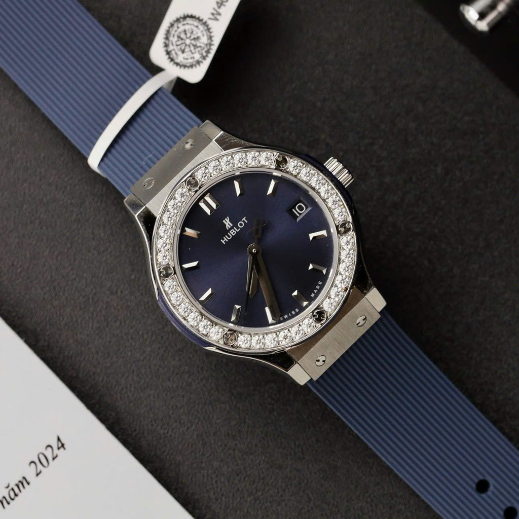 Hublot Classic Fusion Titanium Dial Blue  Watch Moissanite Diamonds 33mm