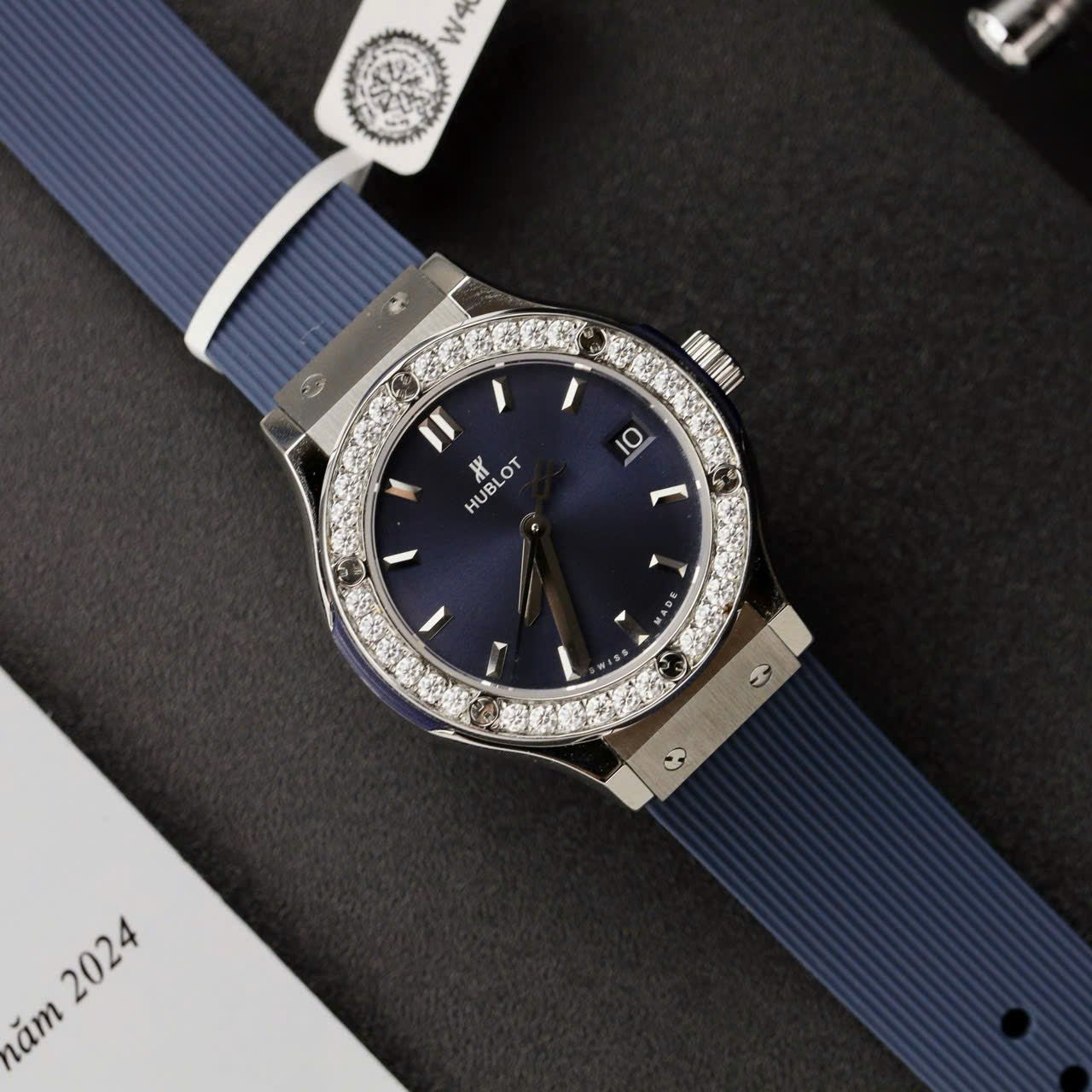 Hublot Classic Fusion Titanium Dial Blue  Watch Moissanite Diamonds 33mm