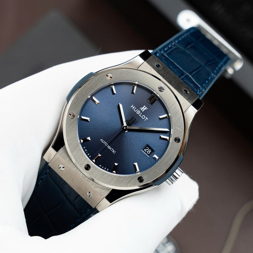 Hublot Classic Fusion Titanium Blue Watch Movement SW300 Crocodile Leather Strap 42mm