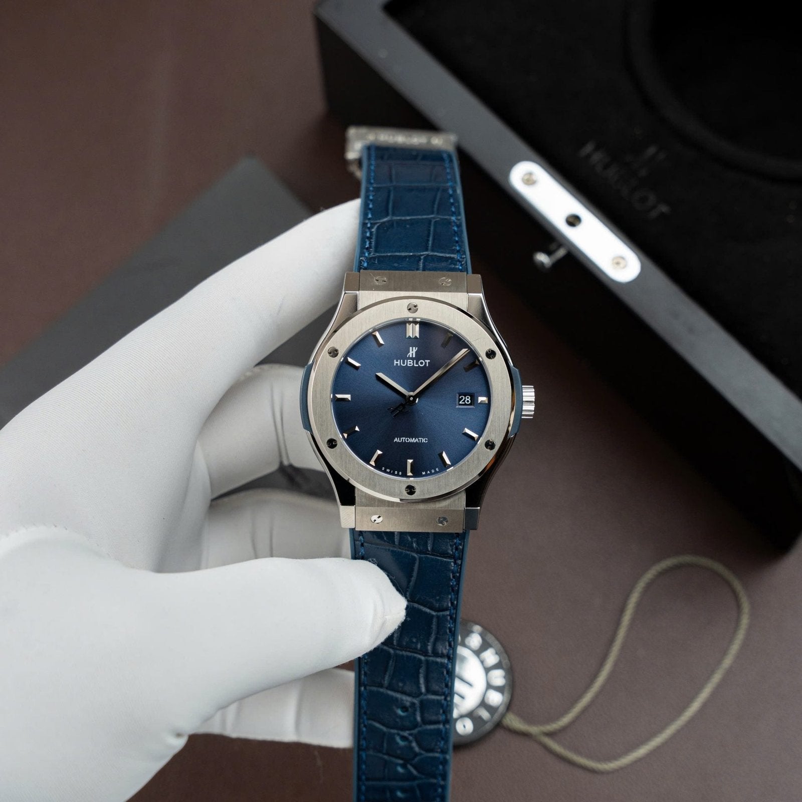 Hublot Classic Fusion Titanium Blue Watch Movement SW300 Crocodile Leather Strap 42mm