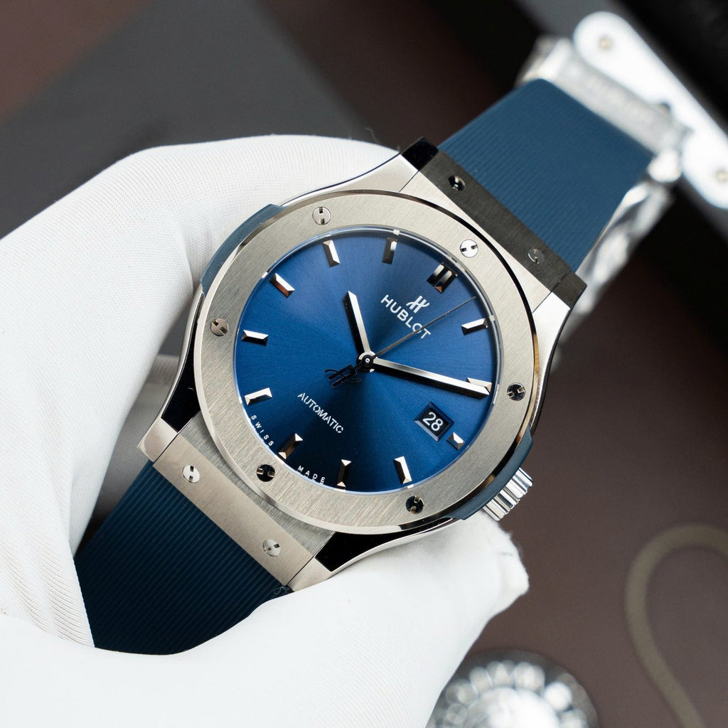 Hublot Classic Fusion Titanium Blue Watch Movement SW300 Rubber Strap 42mm