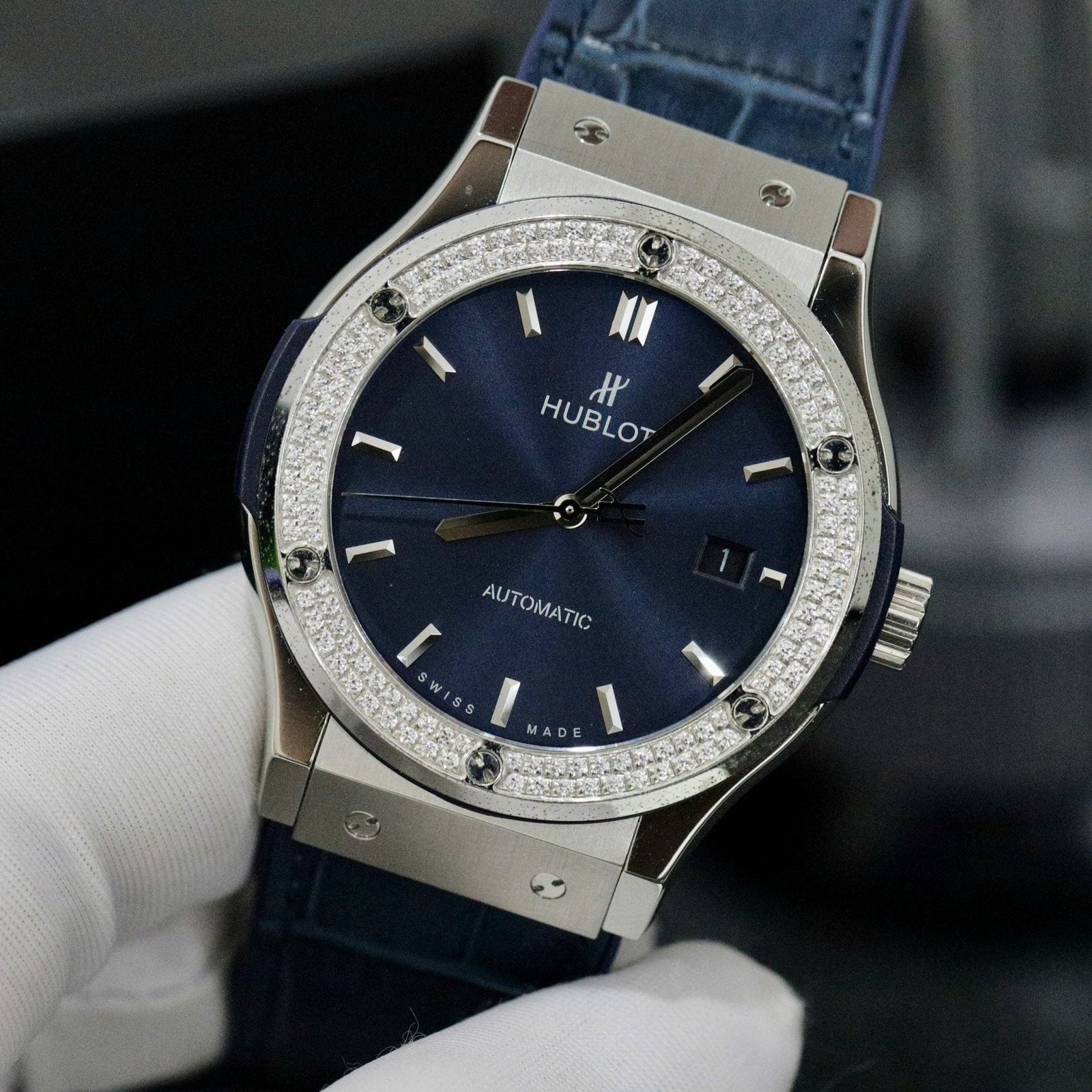 Hublot Classic Fusion Titanium Bezel Diamonds Blue Color Watch 42mm