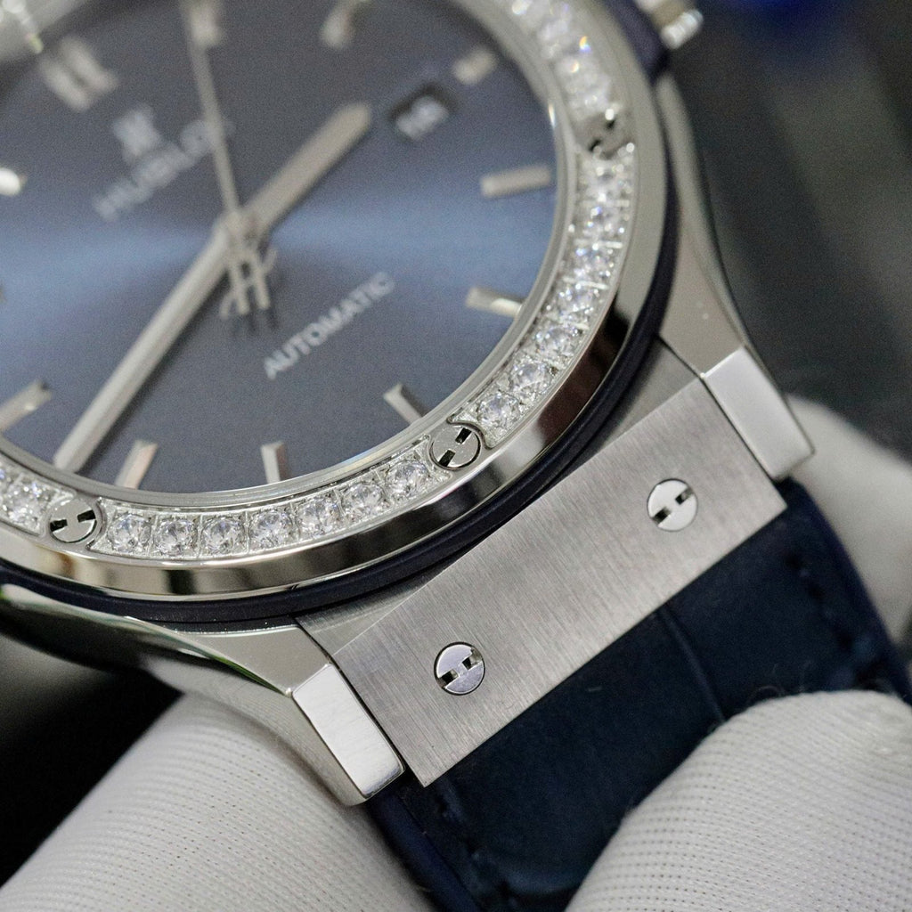 Hublot Classic Fusion Titanium Blue Dial Bezel Diamonds Watch 42mm
