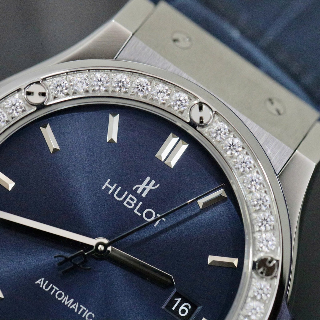 Hublot Classic Fusion Titanium Blue Dial Bezel Diamonds Watch 42mm