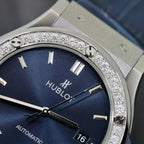 Hublot Classic Fusion Titanium Blue Dial Bezel Diamonds Watch 42mm