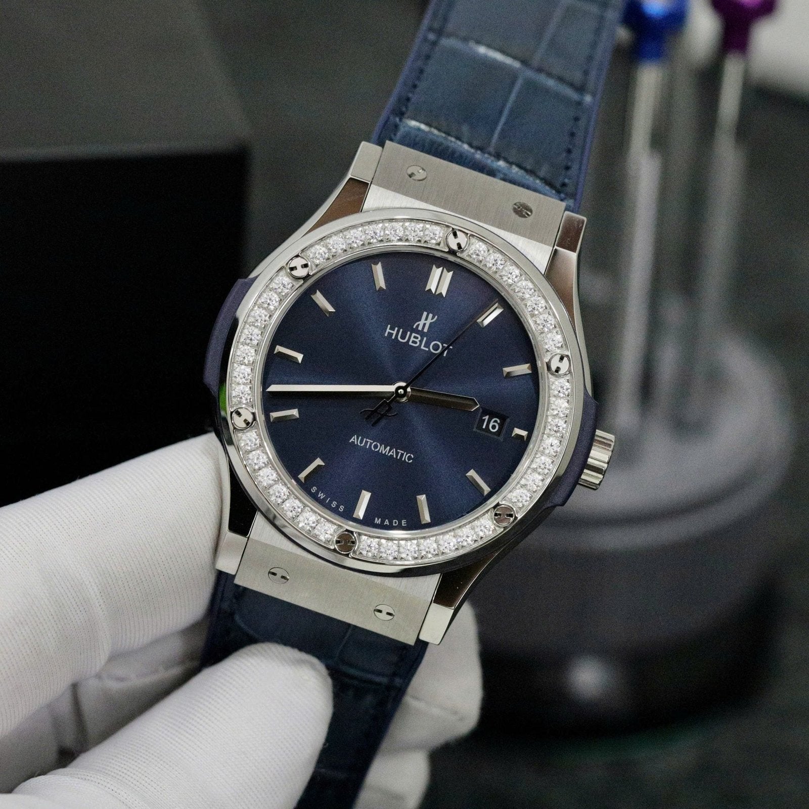 Hublot Classic Fusion Titanium Blue Dial Bezel Diamonds Watch 42mm
