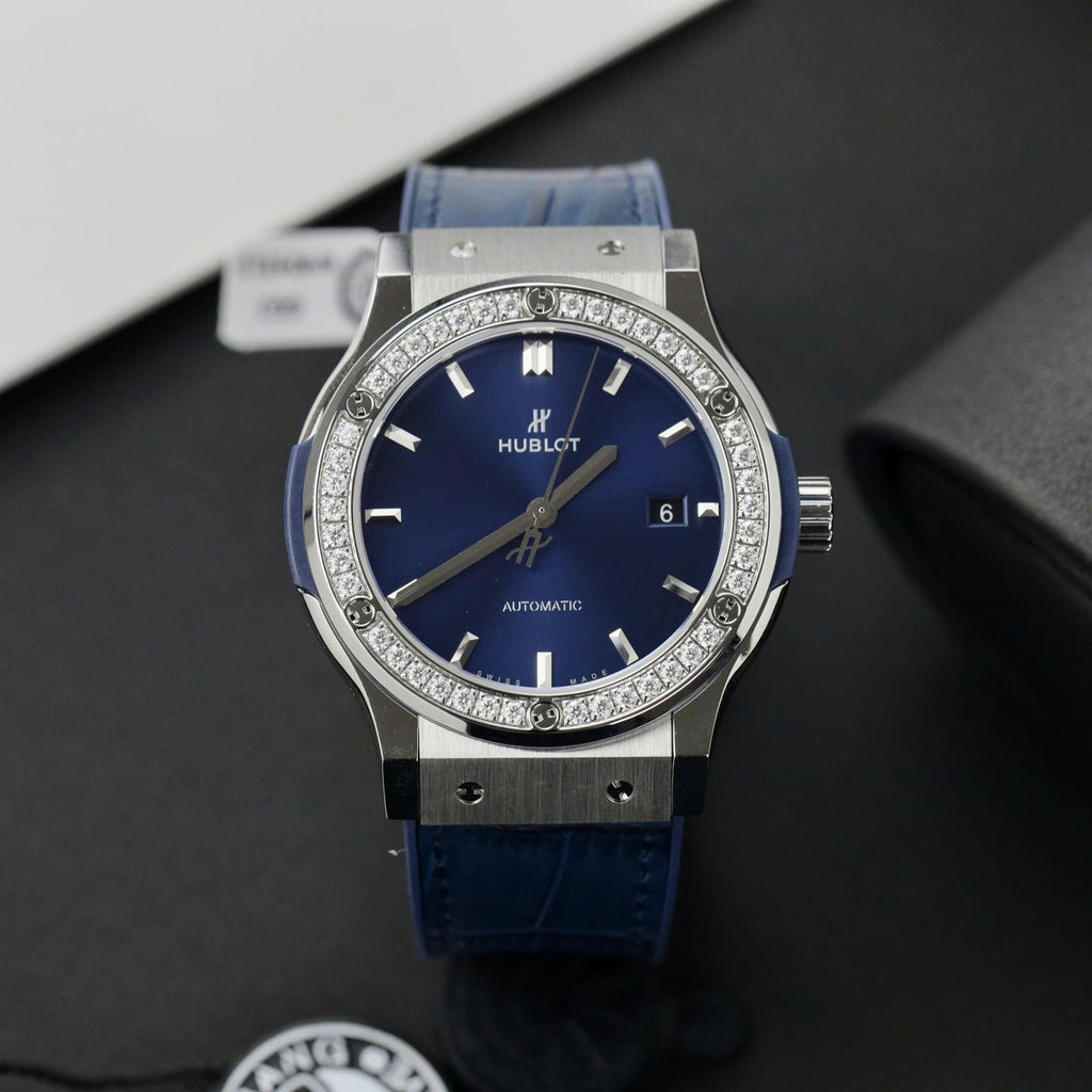 Hublot Classic Fusion Titanium Watch Blue Dial Moissanite Diamonds 42mm