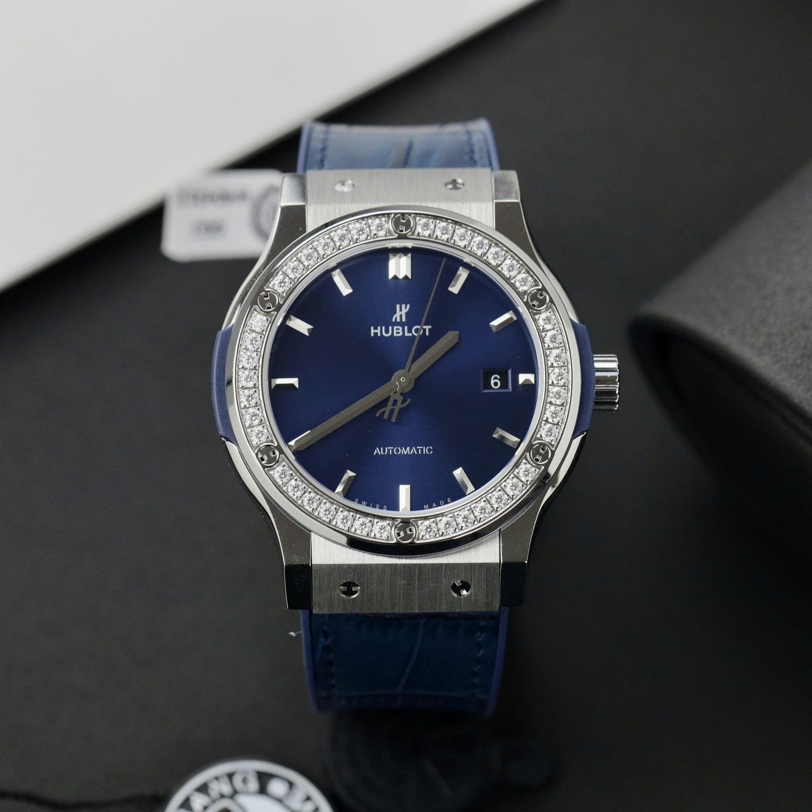 Hublot Classic Fusion Titanium Watch Blue Dial Moissanite Diamonds 42mm