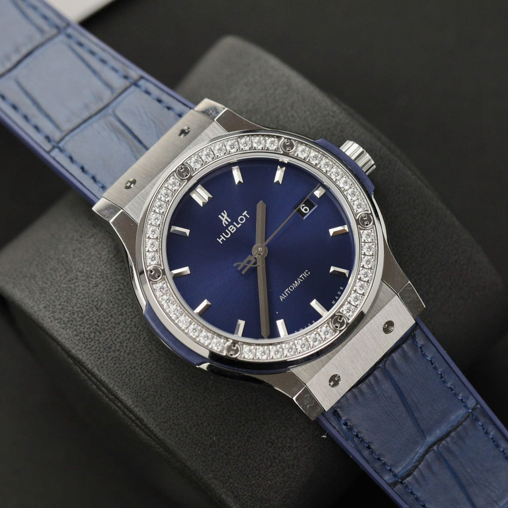 Hublot Classic Fusion Titanium Watch Blue Dial Moissanite Diamonds 42mm