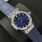 Hublot Classic Fusion Titanium Watch Blue Dial Moissanite Diamonds 42mm