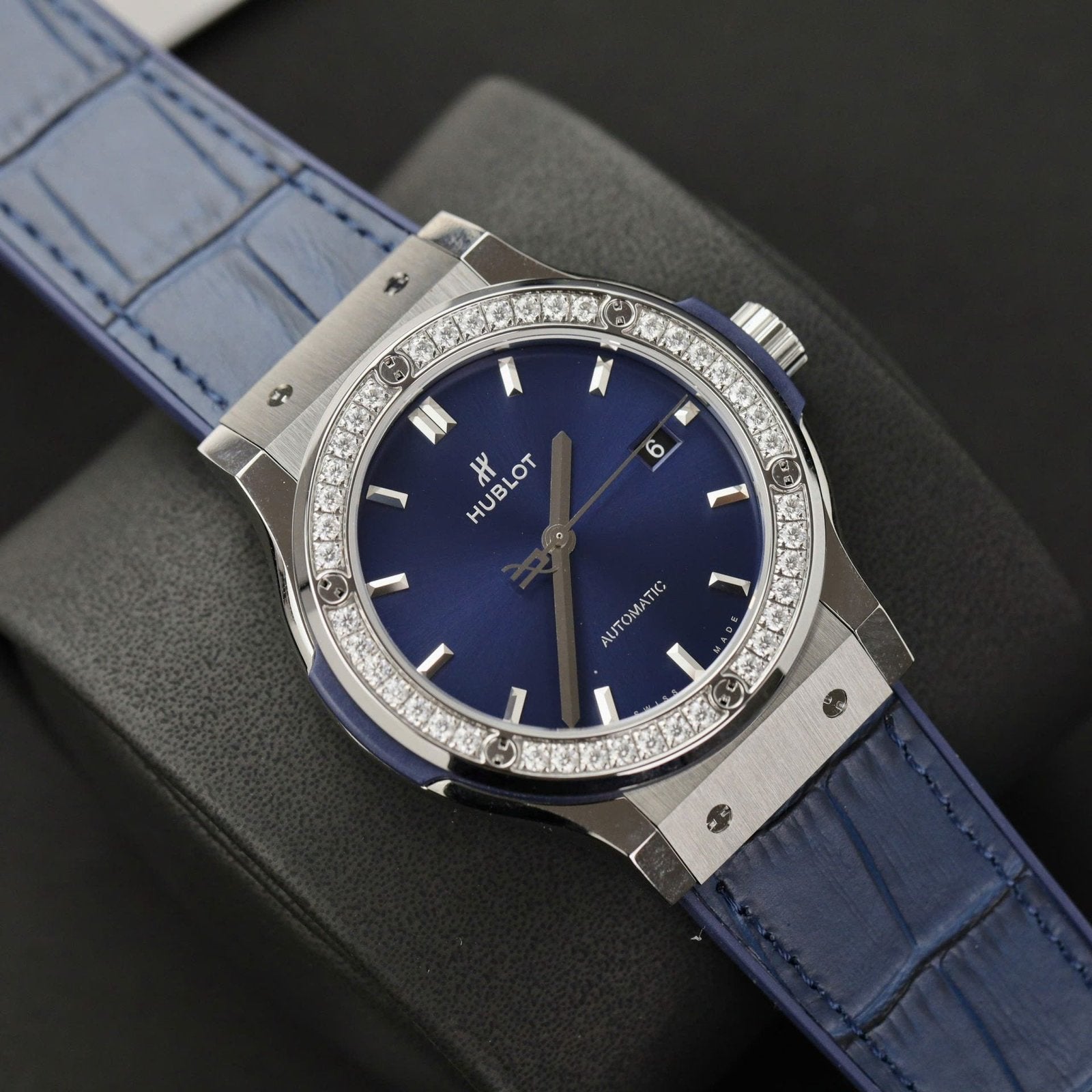Hublot Classic Fusion Titanium Watch Blue Dial Moissanite Diamonds 42mm