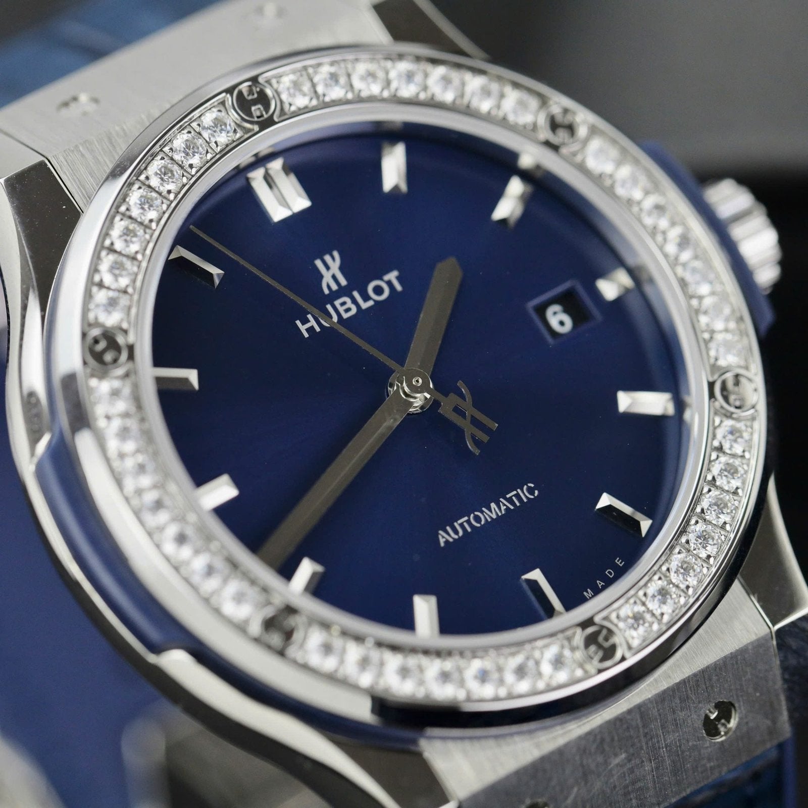 Hublot Classic Fusion Titanium Watch Blue Dial Moissanite Diamonds 42mm