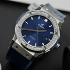 Hublot Classic Fusion Titanium Watch Blue Dial Moissanite Diamonds 42mm