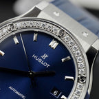 Hublot Classic Fusion Titanium Watch Blue Dial Moissanite Diamonds 42mm