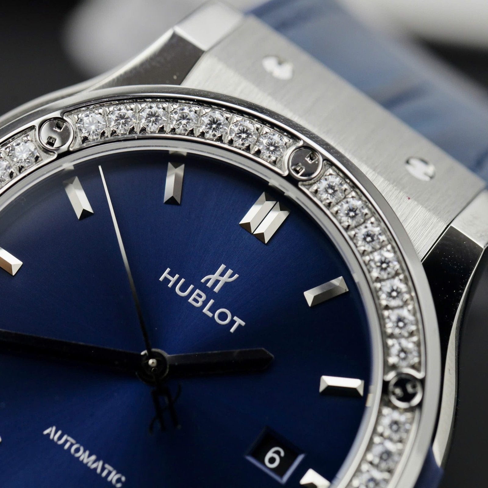 Hublot Classic Fusion Titanium Watch Blue Dial Moissanite Diamonds 42mm