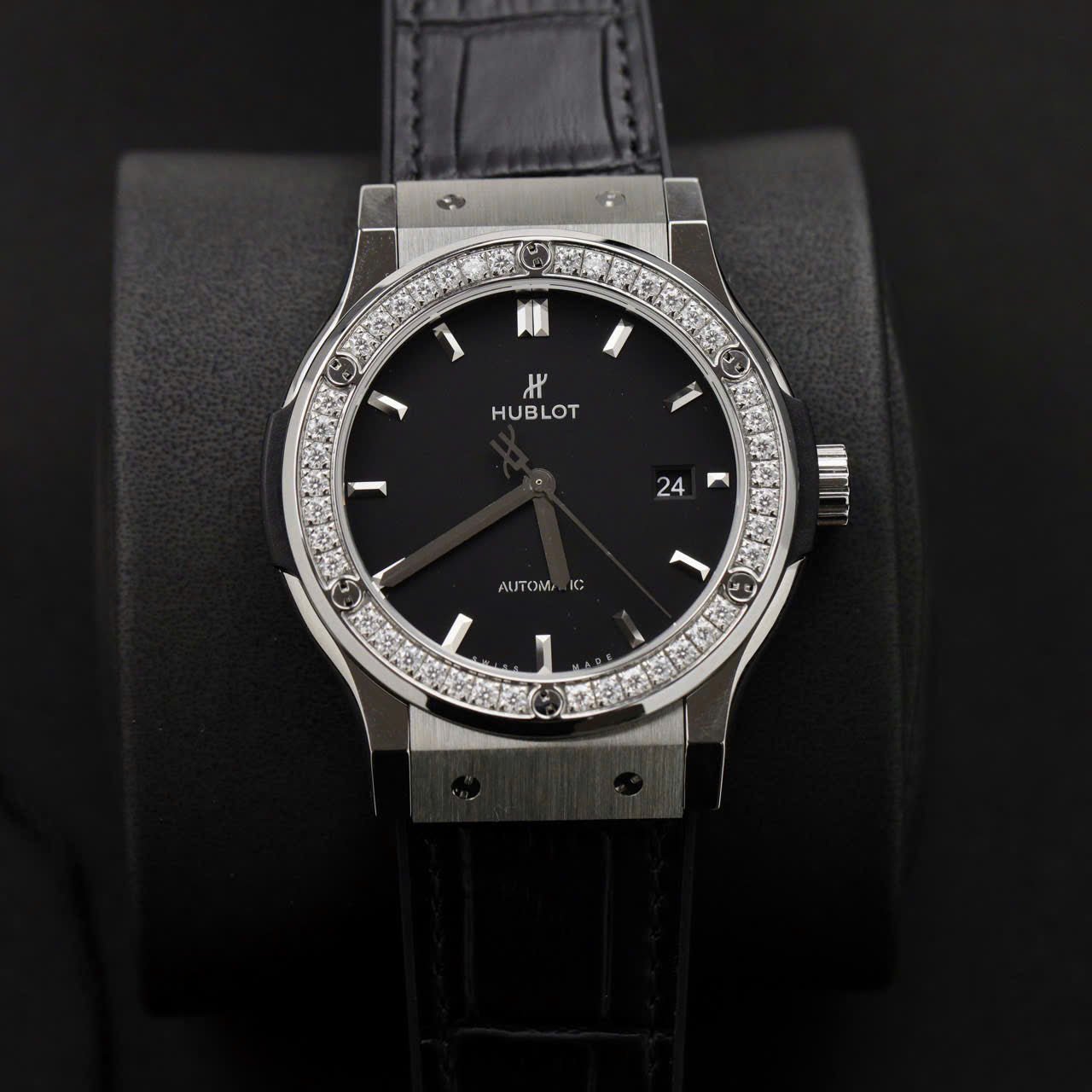 Hublot Classic Fusion Titanium Watch Black Dial  Moissanite Diamonds 42mm