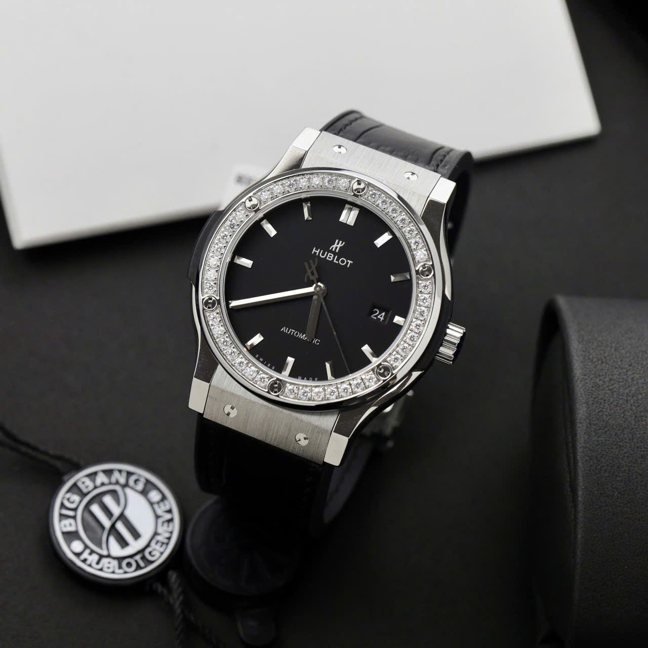 Hublot Classic Fusion Titanium Watch Black Dial  Moissanite Diamonds 42mm