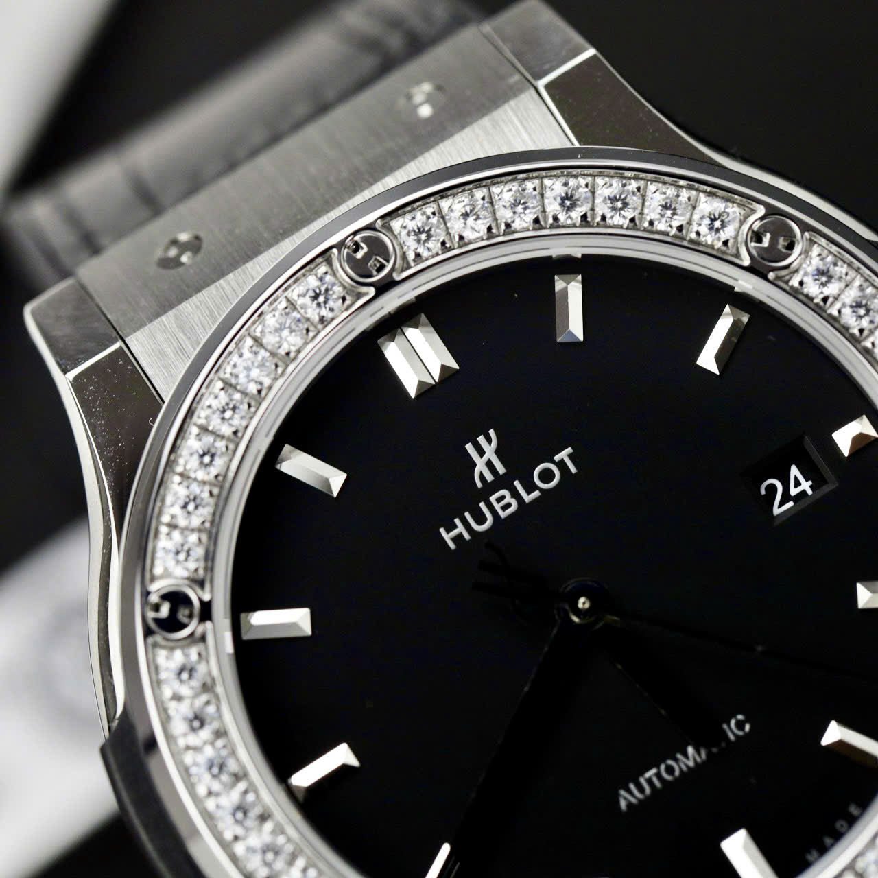 Hublot Classic Fusion Titanium Watch Black Dial  Moissanite Diamonds 42mm