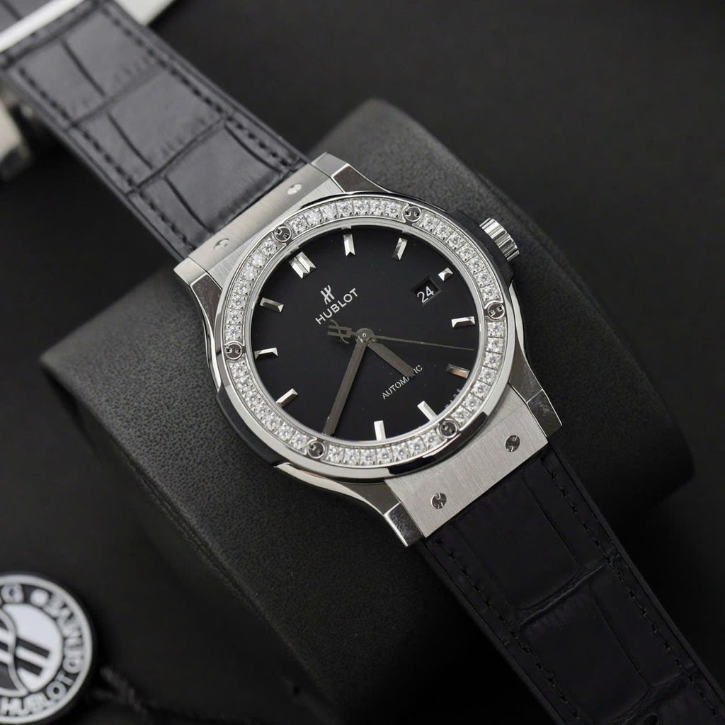 Hublot Classic Fusion Titanium Watch Black Dial  Moissanite Diamonds 42mm
