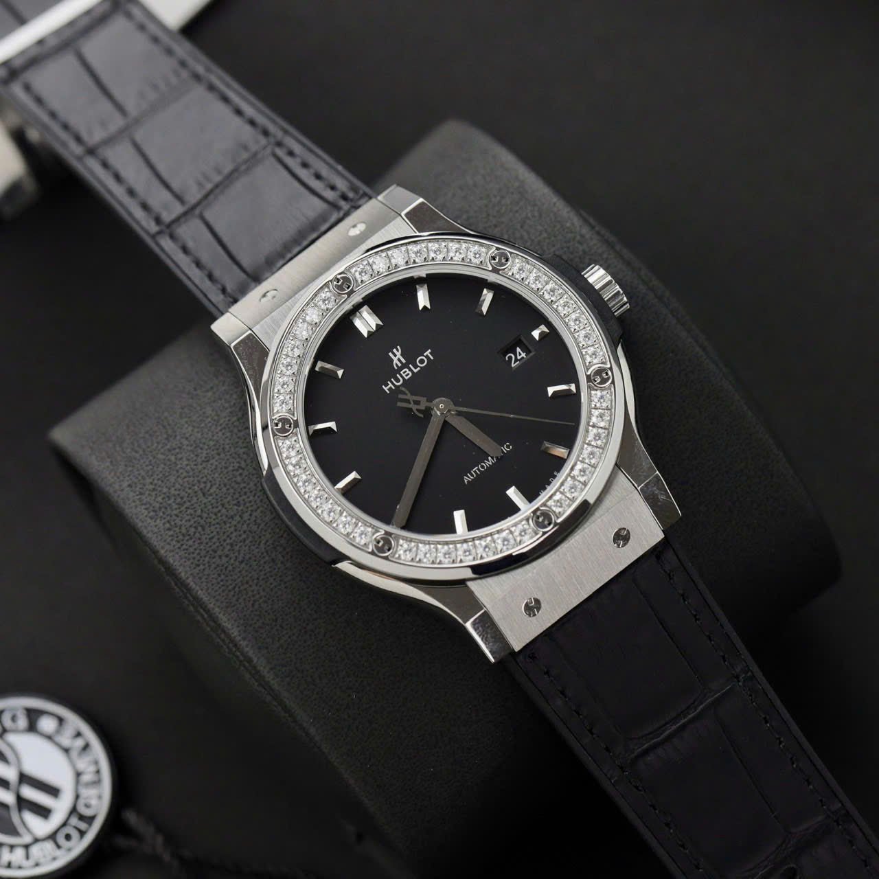 Hublot Classic Fusion Titanium Watch Black Dial  Moissanite Diamonds 42mm
