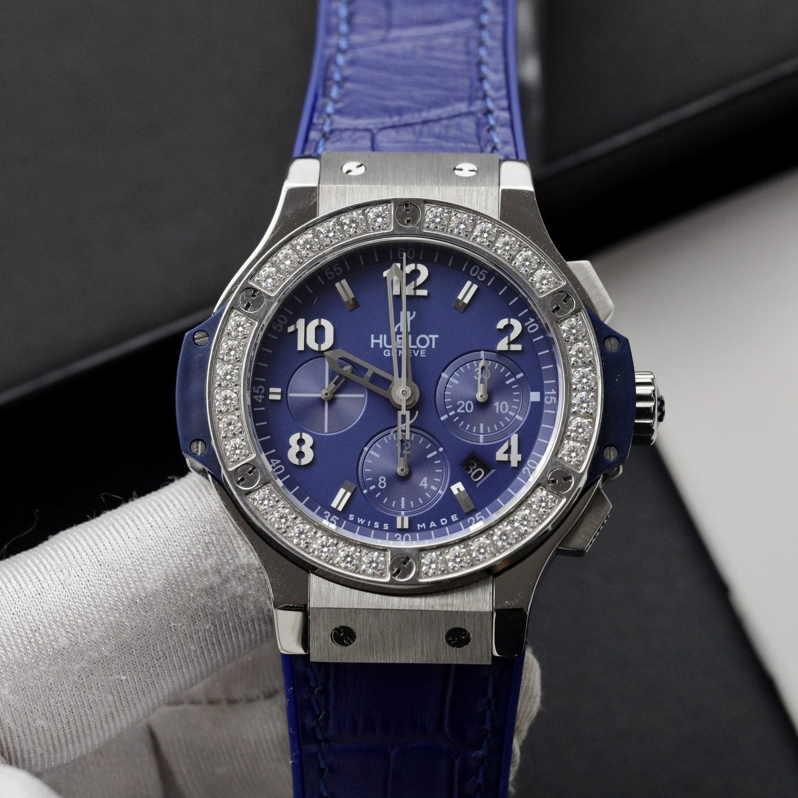 Hublot Watch Big Bang Chronograph Blue Moissanite Diamonds 44mm