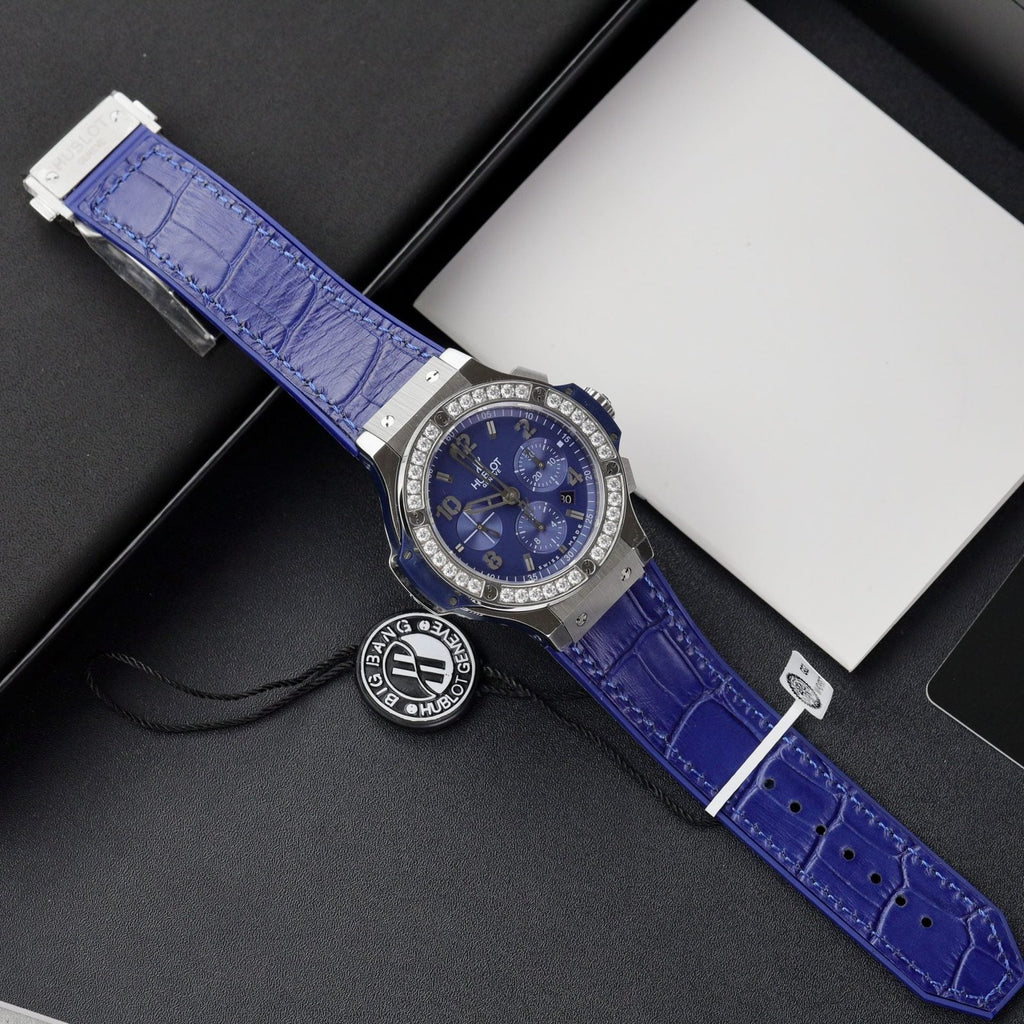 Hublot Watch Big Bang Chronograph Blue Moissanite Diamonds 44mm